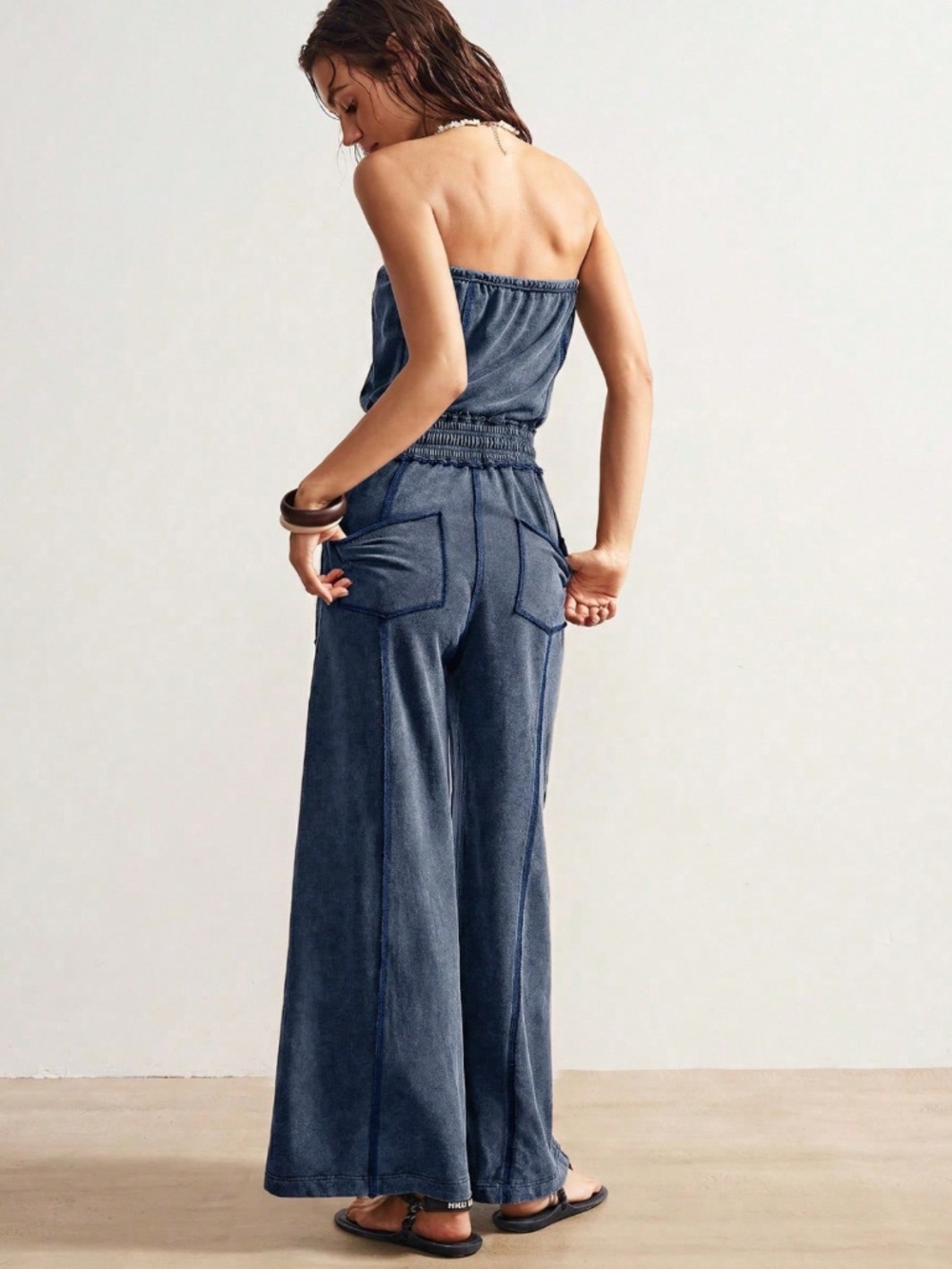 Cotton Blend Strapless Blue Boho Wide Leg Jumpsuit with Pockets - Picture 6 of 8